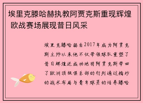埃里克滕哈赫执教阿贾克斯重现辉煌 欧战赛场展现昔日风采 埃里克滕哈赫执教阿贾克斯重现辉煌 欧战赛场展现昔日风采