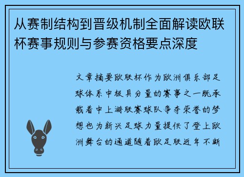 从赛制结构到晋级机制全面解读欧联杯赛事规则与参赛资格要点深度